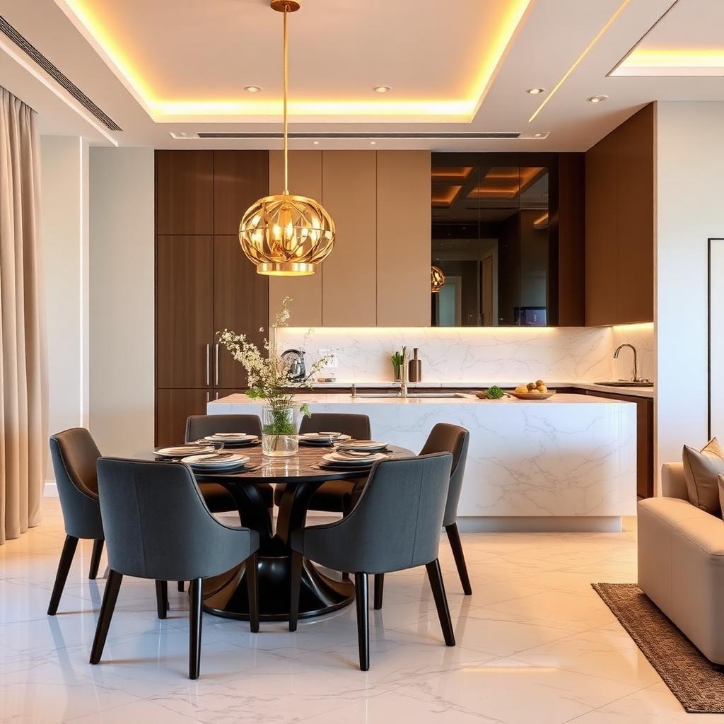 Dining and kitchen in luxury apartment